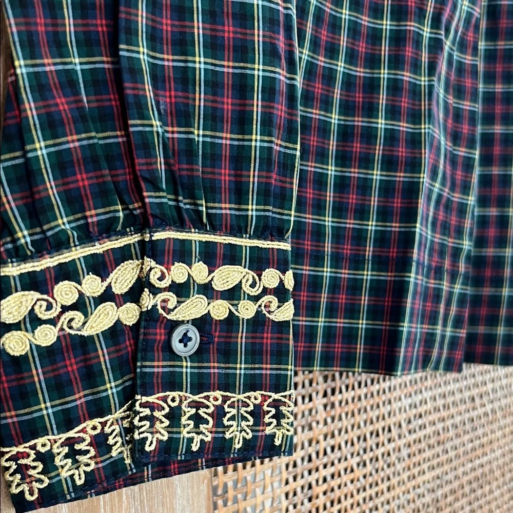 NWT J.Crew Embroidered in Gold Holiday Plaid Peasant Blouse Top PXS